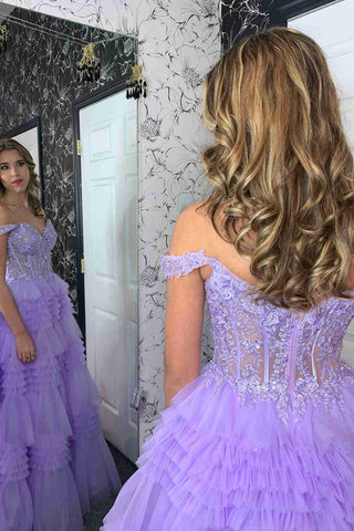 Tulle Off-the-Shoulder Ruffle Tiered Long Prom Dress