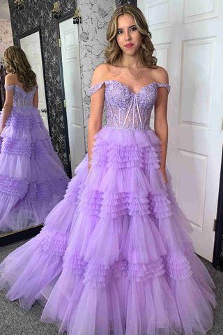 Tulle Off-the-Shoulder Ruffle Tiered Long Prom Dress