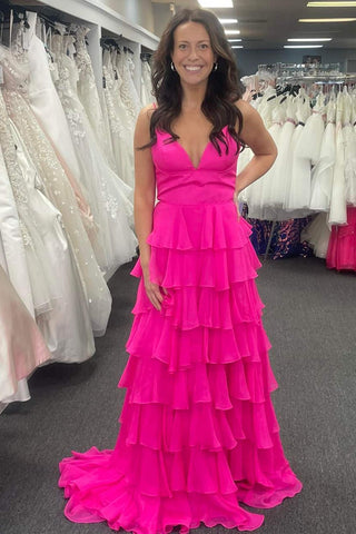 Chiffon-Ballkleid mit V-Ausschnitt, Trägern und Rüschen und Schlitz