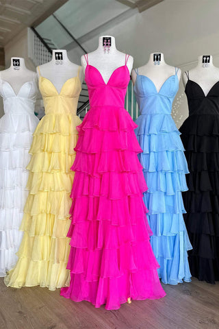 Chiffon-Ballkleid mit V-Ausschnitt, Trägern und Rüschen und Schlitz