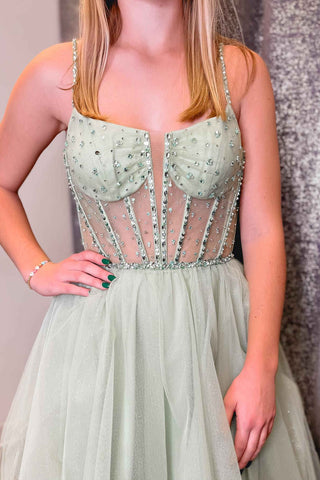 Straps Sequin Beaded A-Line Tulle Prom Dress