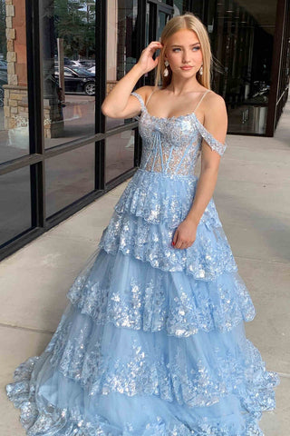 Tulle Sequin Cold-Shoulder Ruffle Tiered Long Prom Dress