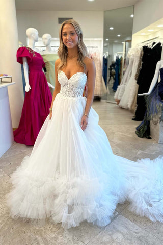 Tulle Appliques Sweetheart Ruffle Long Prom Dress
