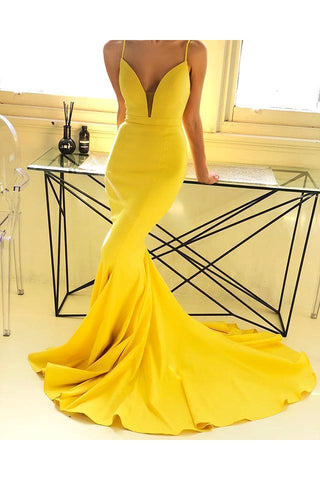 Ginger Yellow Sexy Deep V-Neck Formal Dresses with Chapel Train Chic Simple Body-fitting Evening Party Gowns for Sale