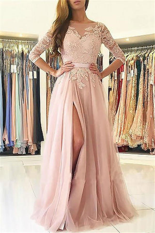 Glamouröse Ballkleider mit langen Ärmeln und Applikationen, offenem Rücken, Juwelenschlitz, Abendkleider mit Gürtel
