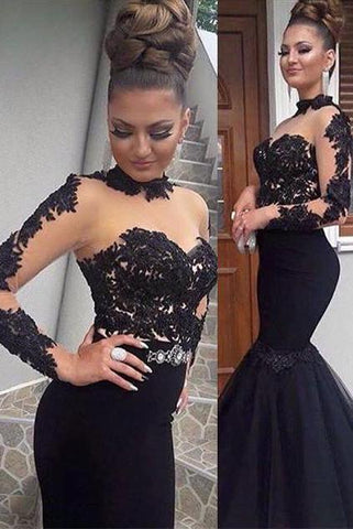 Glamorous Black Lace Formal DressesLong Sleevess Mermaid Long Party Dress