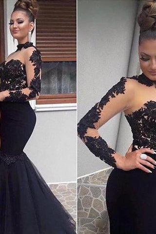 Glamorous Black Lace Formal DressesLong Sleevess Mermaid Long Party Dress