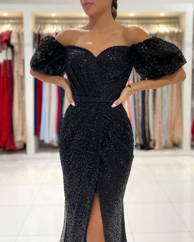 Glamouröses schwarzes Meerjungfrau-Abendkleid mit Pailletten, lang, schulterfrei