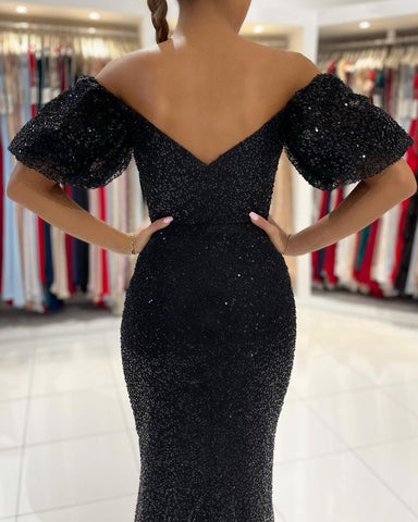Glamouröses schwarzes Meerjungfrau-Abendkleid mit Pailletten, lang, schulterfrei