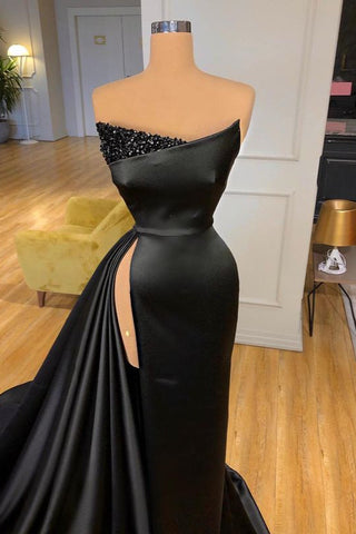 Glamouröses Schwarzes Ballkleid Mit Geteiltem Perlenbesatz Ballkleider Lang