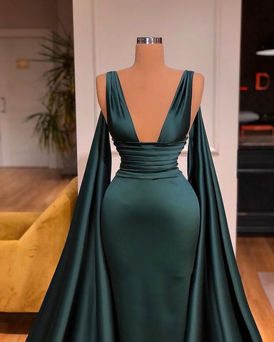 Glamouröses tiefes V-Ausschnitt langes Ballkleid Meerjungfrau Ballkleid mit Rüschen ärmellos