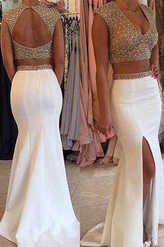 Glamouröse Designer Zweiteilige Ballkleider Perlenbesatz Flügelärmel Lange Partykleider