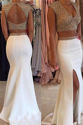 Glamouröse Designer Zweiteilige Ballkleider Perlenbesatz Flügelärmel Lange Partykleider