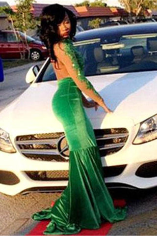 Glamorous Green Long-Sleeve Lace Appliques Split Mermaid Formal Dresses