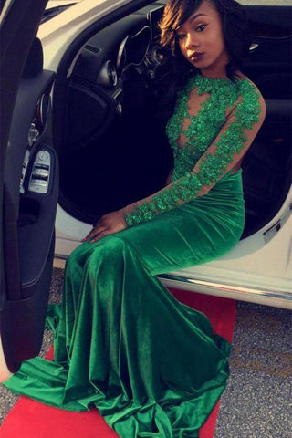 Glamorous Green Long-Sleeve Lace Appliques Split Mermaid Formal Dresses