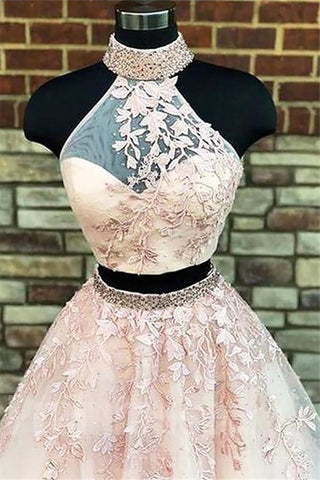 Glamouröse Neckholder-Designer-Zweiteiler mit Applikationen, schicke Abendkleider mit Schnürung und Kristallen und Perlen