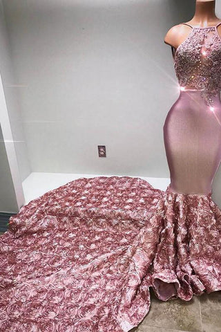 Glamorous Halter Mermaid Pink Formal DressesLace With 3D-Floral Flowers Bottom