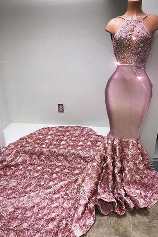 Glamorous Halter Mermaid Pink Formal DressesLace With 3D-Floral Flowers Bottom