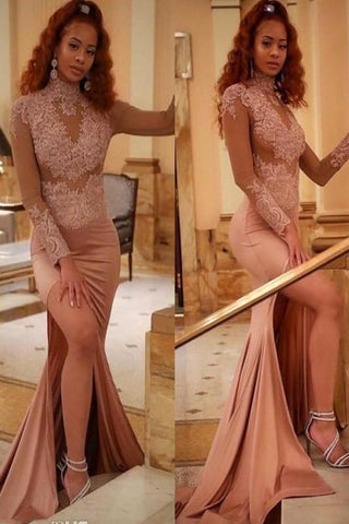 Glamouröse Ballkleider mit hohem Halsausschnitt, Applikationen und langen Ärmeln, schicke Abendkleider im Meerjungfrauen-Stil mit Schlitz und Perlen