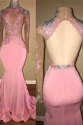 Glamorous High-Neck Backless Pink Formal DressesMermaid With Lace Appliques