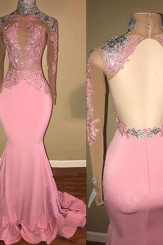 Glamorous High-Neck Backless Pink Formal DressesMermaid With Lace Appliques