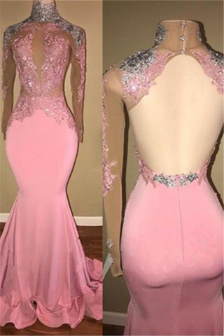 Glamorous High-Neck Backless Pink Formal DressesMermaid With Lace Appliques