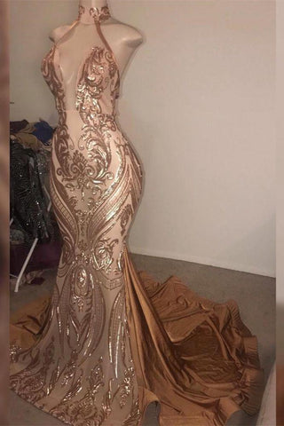 Glamouröse, hochgeschlossene, goldene Meerjungfrau-Ballkleider – Real Model Series