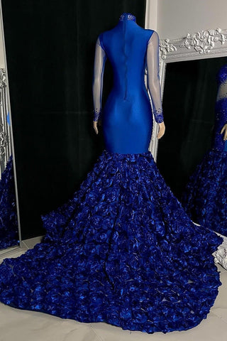 Glamouröses Ballkleid mit hohem Halsausschnitt und langen Ärmeln, Meerjungfrau-Blumen-Unterteil mit Perlen