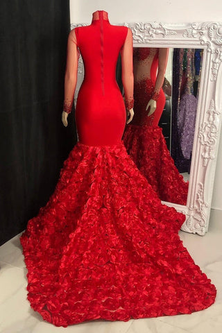 Glamouröses Ballkleid mit hohem Halsausschnitt und langen Ärmeln, Meerjungfrau-Blumen-Unterteil mit Perlen