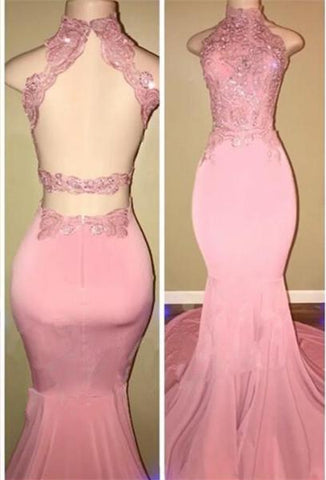 Glamorous High-Neck Pink Lace Formal DressesMermaid Long
