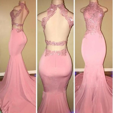 Glamorous High-Neck Pink Lace Formal DressesMermaid Long