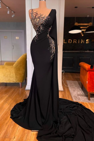 Glamouröses langes schwarzes Meerjungfrau-Abendkleid mit Perlen und Spitze