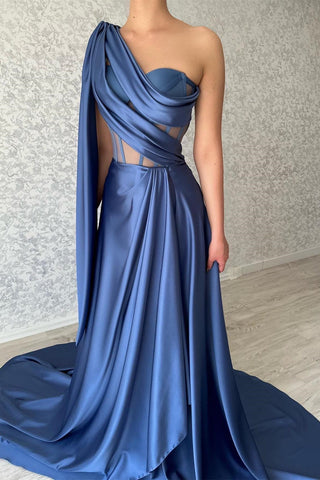 Glamouröses langes blaues ärmelloses Abendkleid mit einer Schulter
