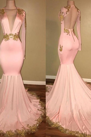 Glamorous Long Sleevess V-Neck Formal DressesMermaid With Gold Crystal