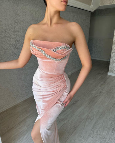 Glamouröse Meerjungfrau Charmante Ärmellose Kristall Abend Party Kleider Langen Schlitz Online