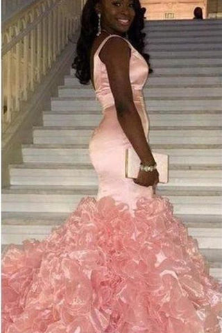 Glamorous Mermaid Ruffles Sleeveless Pink V-Neck Formal Dresses