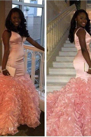 Glamorous Mermaid Ruffles Sleeveless Pink V-Neck Formal Dresses