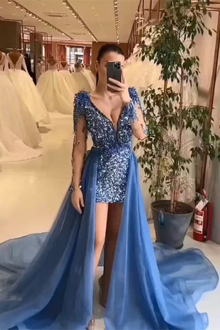 Glamouröses Mini-V-Ausschnitt-langes ärmelloses Etuikleid mit Pailletten für Abendparty