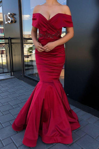 Glamorous Off-the-shoulder Burgundy Evening Gowns Jewel Mermaid Formal Dresses