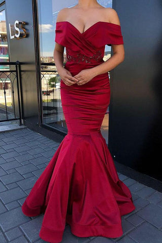 Glamorous Off-the-shoulder Burgundy Evening Gowns Jewel Mermaid Formal Dresses