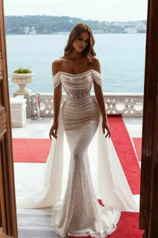 Glamouröse Off-the-Shoulder Pailletten Ballkleider Meerjungfrau mit Rüschen