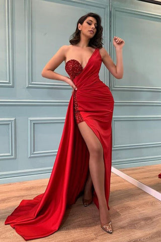 Glamouröses rotes langes Ballkleid mit Schlitz und Pailletten und Perlen