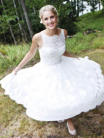 Glamouröse ärmellose, kurze A-Linien-Brautkleider aus Spitze