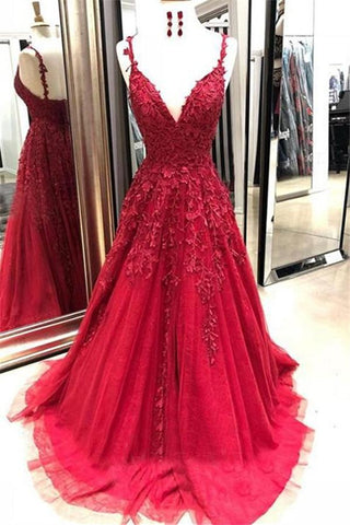 Glamouröse Spaghettiträger-Applikation-Ballkleider Rote ärmellose Tüll-Abendkleider