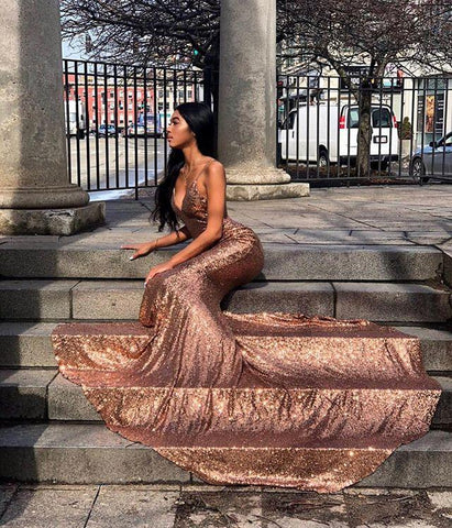 Glamorous Spaghetti-Straps Sequins Mermaid Formal Dresses