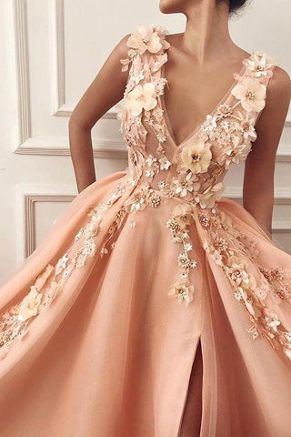 Glamorous Straps V-Neck Flower Appliques A-Line Formal Dresses