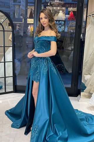 Glamouröses, schulterfreies Abendkleid mit Herzausschnitt, Schleife und Applikationen