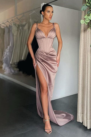 Glamorous V-neck Mermaid Ruched Long Prom Dress High-split