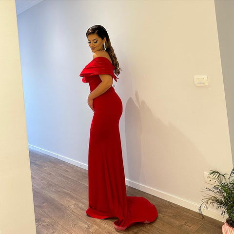 Glamorous V-Neck Off-the-Shoulder Mermaid Ruby Evening Party Gowns Long Slit Online