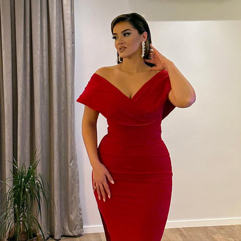 Glamorous V-Neck Off-the-Shoulder Mermaid Ruby Evening Party Gowns Long Slit Online